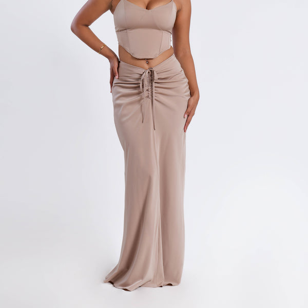 Front Ruched Satin Maxi Skirt