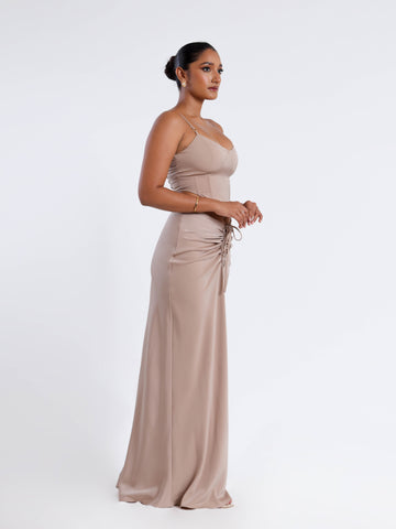 Front Ruched Satin Maxi Skirt