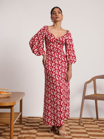 Puff Sleeve Front Twisted Maxi Dress