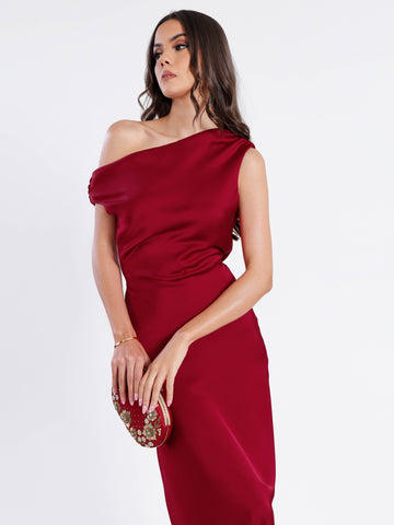 Off Shoulder Bias Satin Maxi Dress