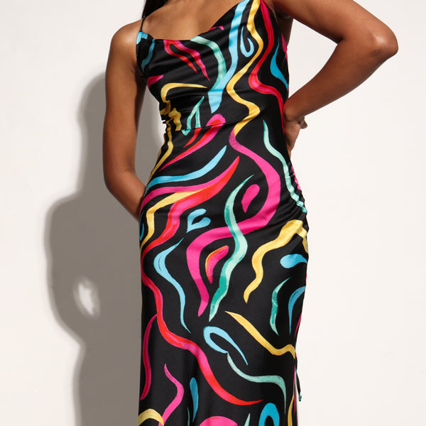 Cowl Neck Back Tie Up Midi Dress
