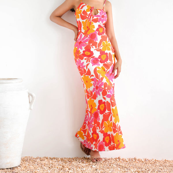 Front Tie Up Printed Bias Maxi Dress