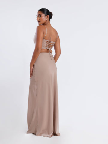 Front Ruched Satin Maxi Skirt