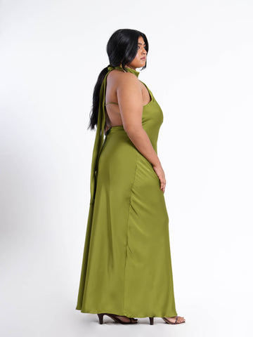 Halter Neck Back Tie Up Bias Satin Maxi Dress