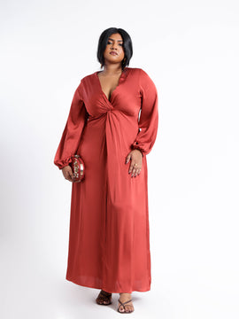 Front Twist Detailed Balloon Sleeved Satin Midi Dress