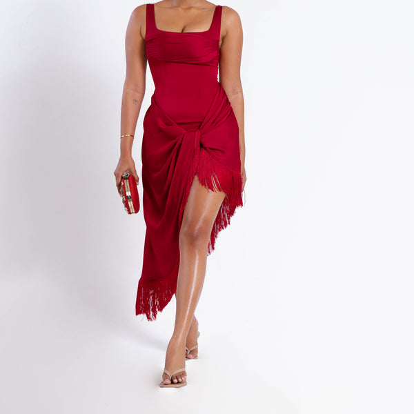 Front Twisted Fringe Detailed Satin Dress