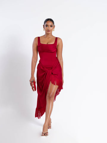 Front Twisted Fringe Detailed Satin Dress