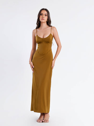 Corset Detailed Back Tie Up Satin Maxi Dress