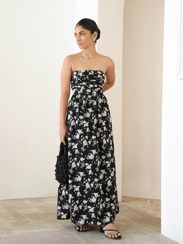 Pin Tuck Detailed Floral Printed Maxi Dress