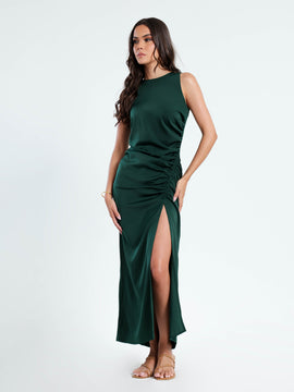 Side Ruched Slit Detailed High Neck Satin Midi Dress