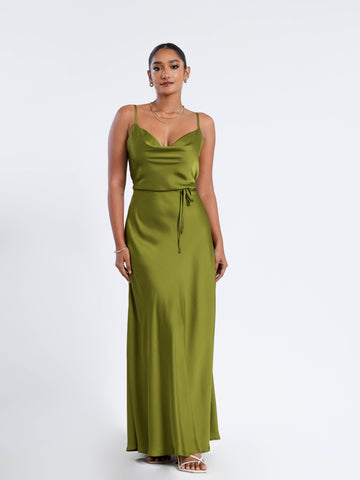 Cowl Neck Flared Satin Maxi Dress