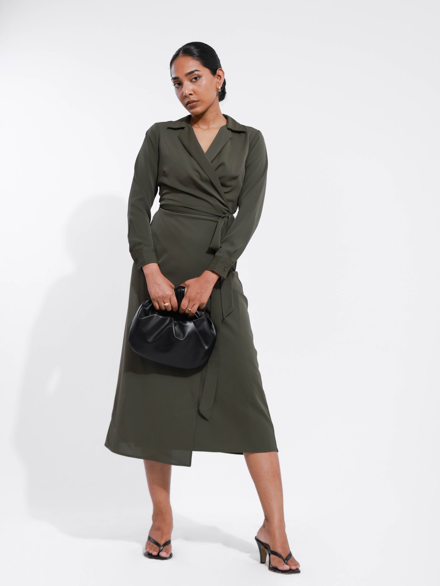Long Sleeved Wrap Midi Dress
