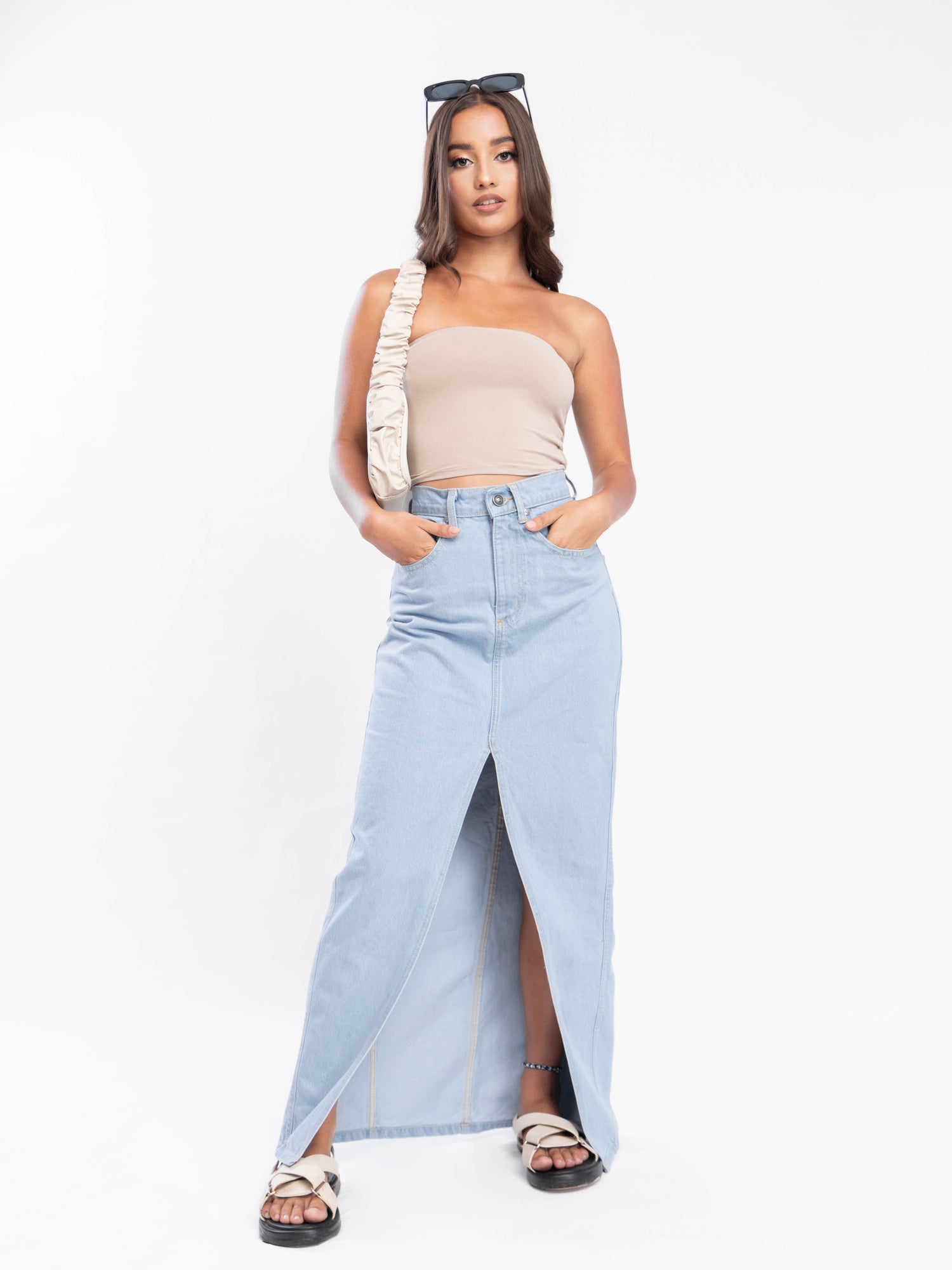 Front Slit Denim Maxi Skirt