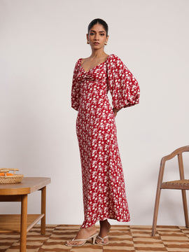 Puff Sleeve Front Twisted Maxi Dress