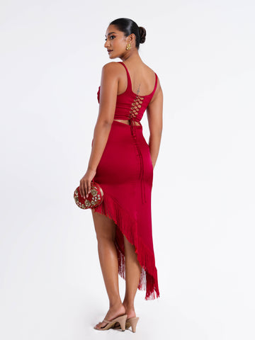 Front Twisted Fringe Detailed Satin Dress