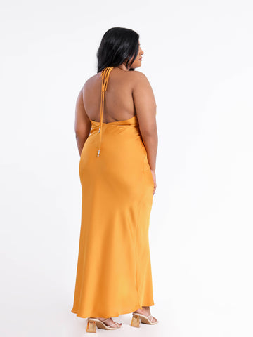 Deep Cowl Neck Back Tie Up Satin Maxi Dress