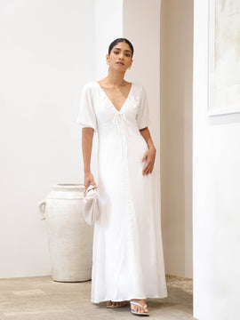 V-Neck-Bell-Sleeved-Button-Maxi-Dress