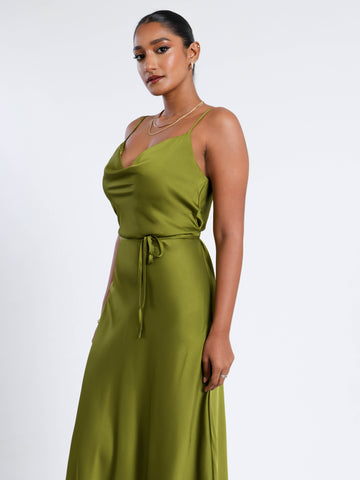 Cowl Neck Flared Satin Maxi Dress