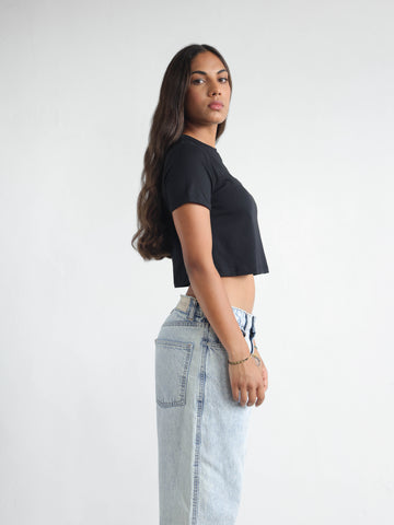 Folded Sleeved Crop T Shirt