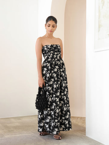 Pin Tuck Detailed Floral Printed Maxi Dress