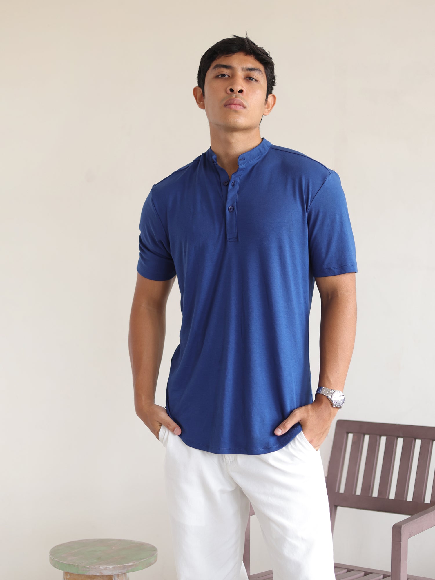 Slim fit S/S chinese collar shirt