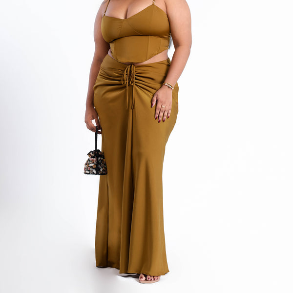 Front Ruched Satin Maxi Skirt