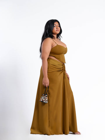 Front Ruched Satin Maxi Skirt