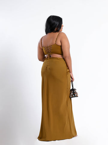 Front Ruched Satin Maxi Skirt