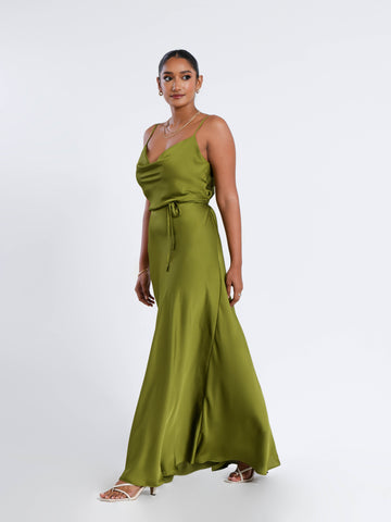 Cowl Neck Flared Satin Maxi Dress