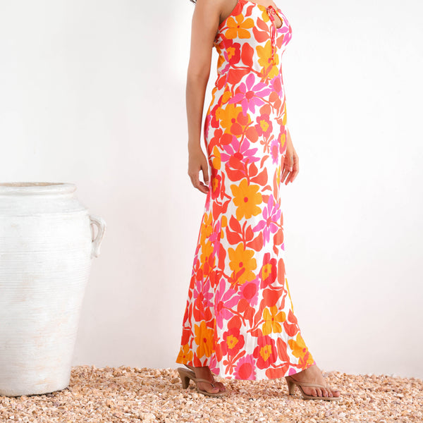 Front Tie Up Printed Bias Maxi Dress