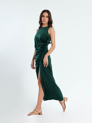 Side Ruched Slit Detailed High Neck Satin Midi Dress