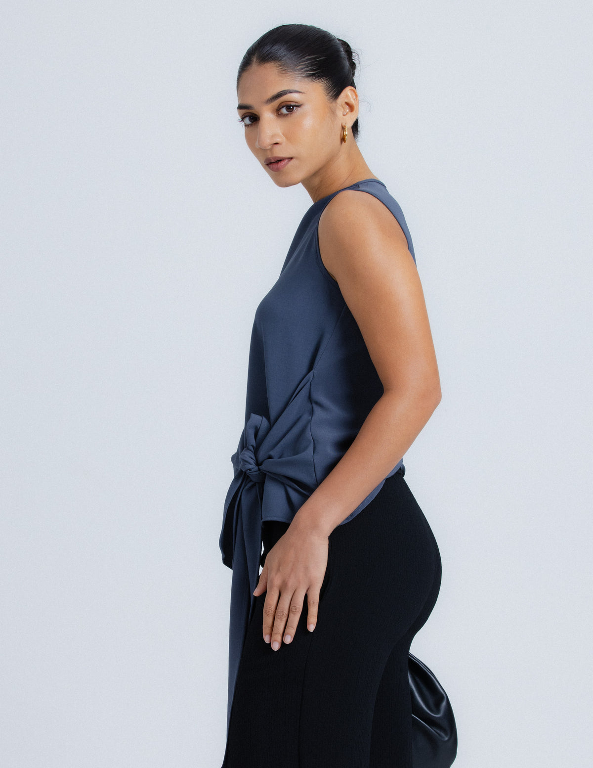 High Neck Side Tie Up Detail Top