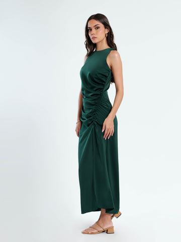 Side Ruched Slit Detailed High Neck Satin Midi Dress