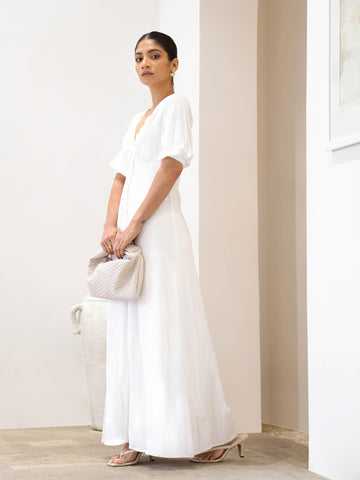 V-Neck-Bell-Sleeved-Button-Maxi-Dress