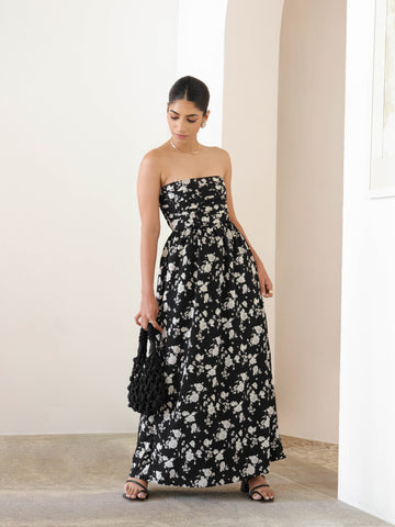 Pin Tuck Detailed Floral Printed Maxi Dress