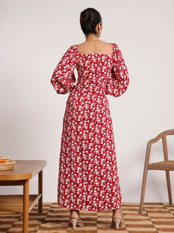 Puff Sleeve Front Twisted Maxi Dress