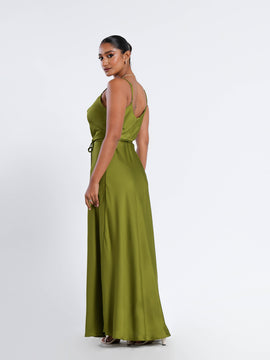 Cowl Neck Flared Satin Maxi Dress