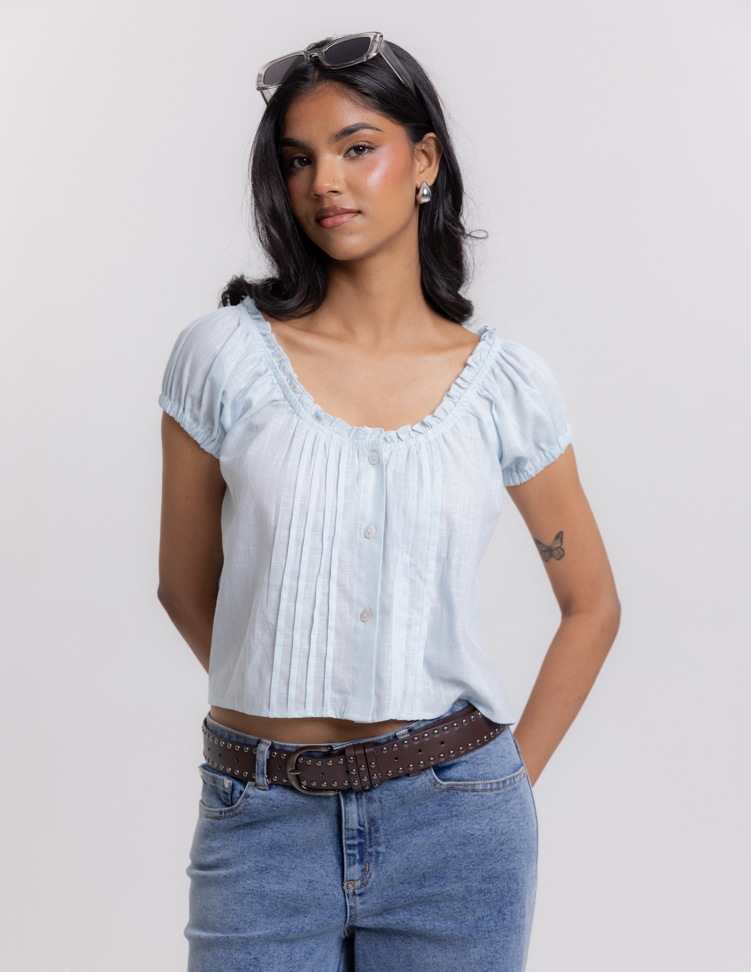 Round Neck Pin Tuck Detailed Crop Top