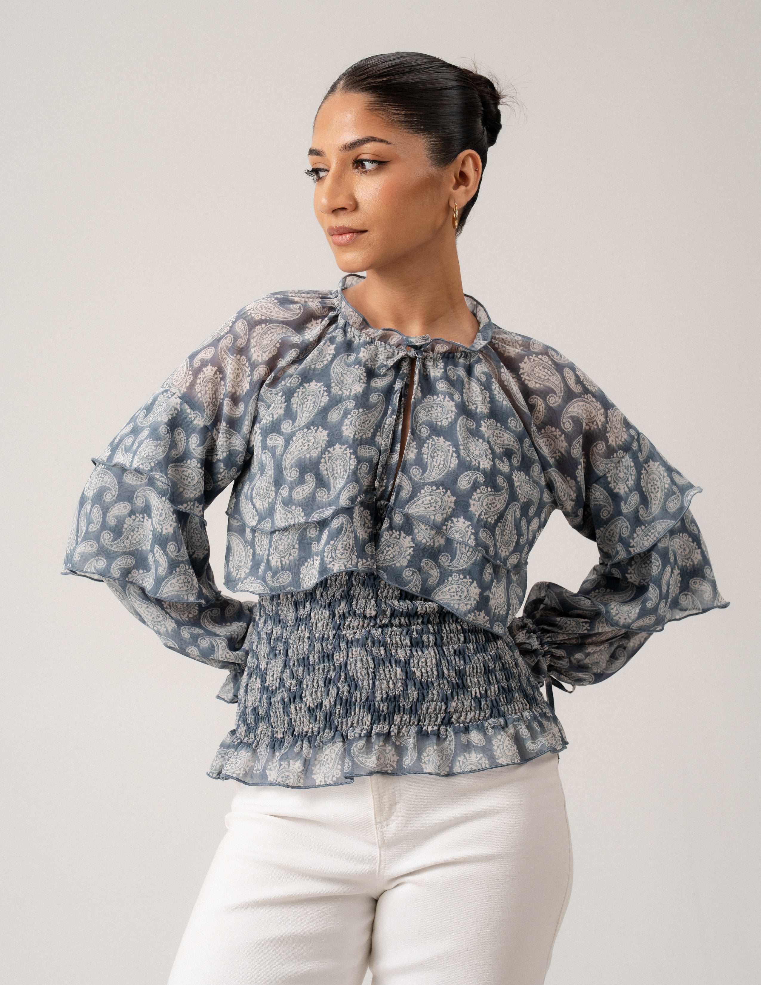 Frill Detailed Long Sleeve Smocked Top