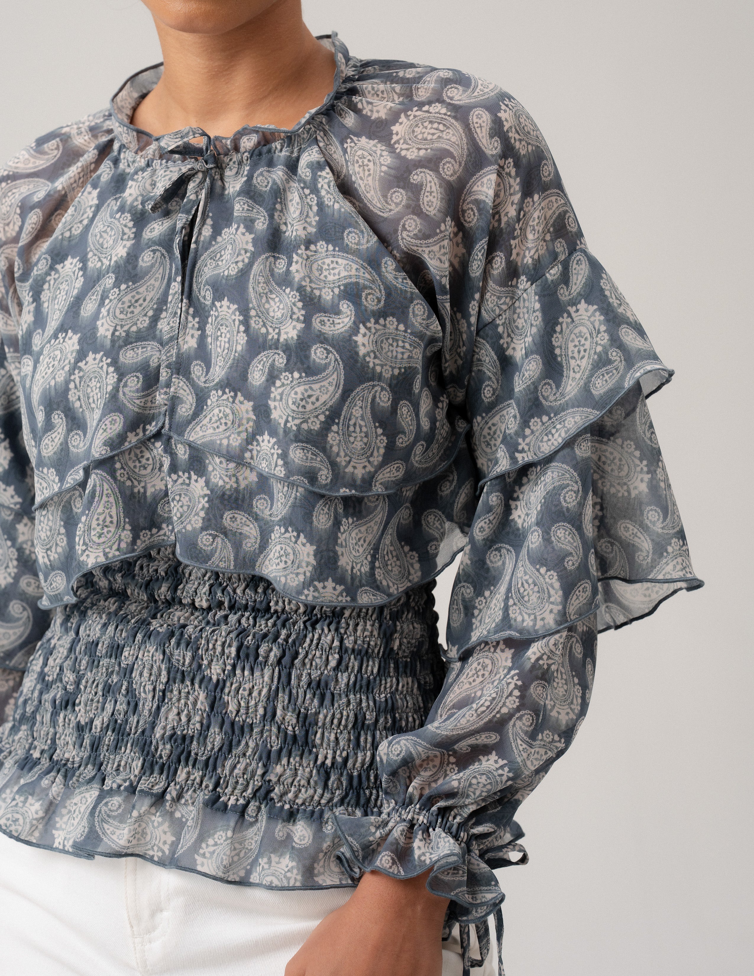 Frill Detailed Long Sleeve Smocked Top