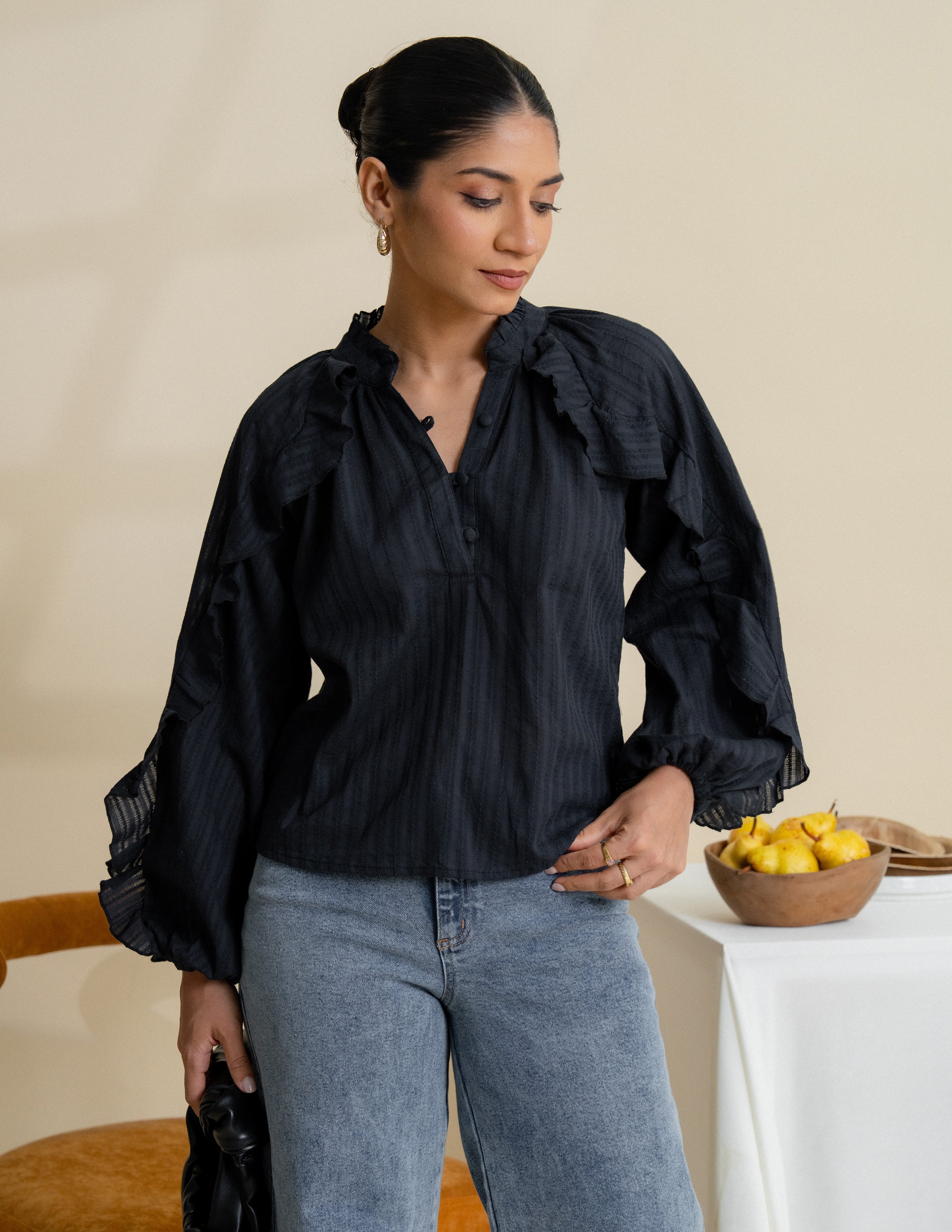 High Neck Ruffle Detail Top