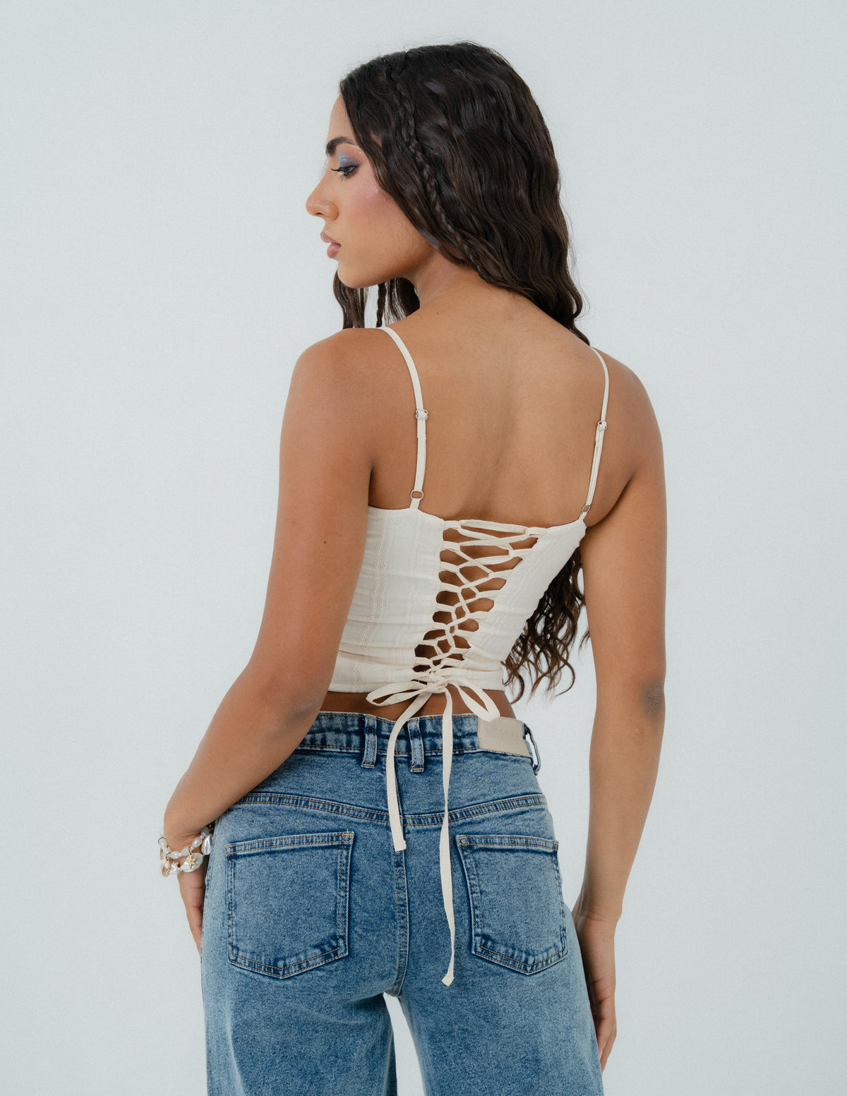 Front Ladder Lace Detailed Back Tie Up Sleeveless Top
