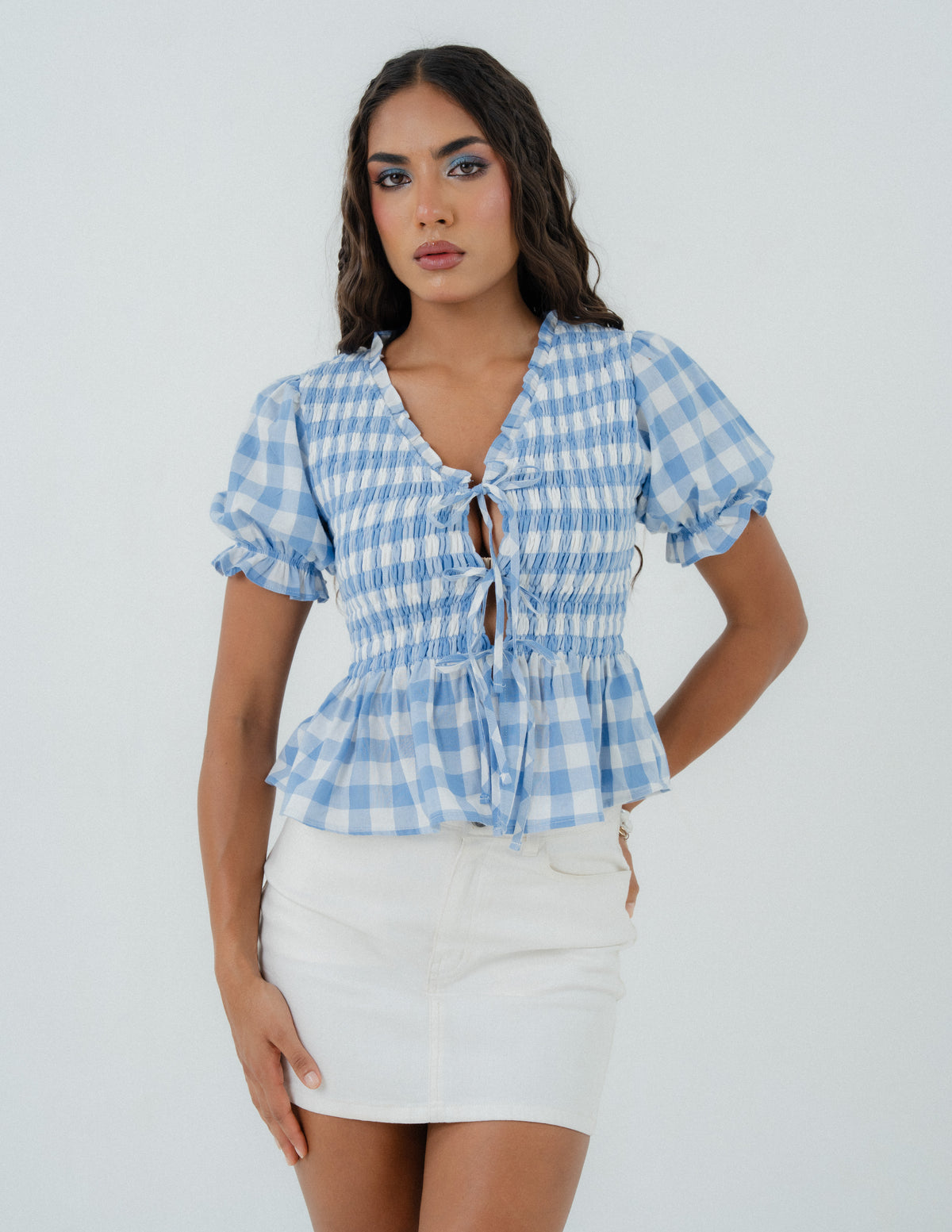 Front Tie Up Puff Sleeved Smocking Top