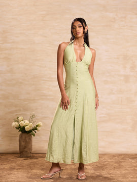 Halter Deep Neck Cover Button Detailed Maxi Dress