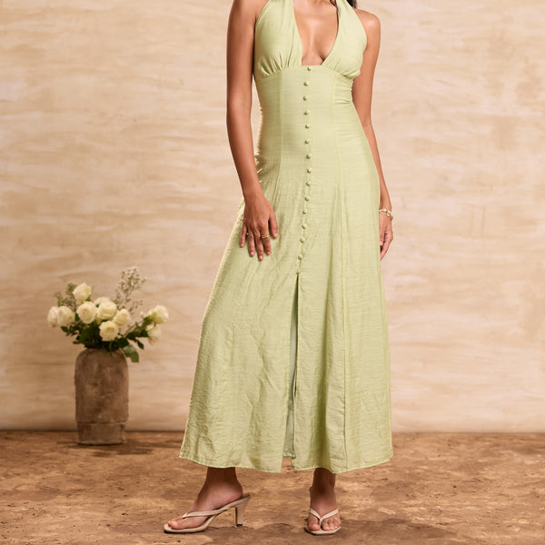 Halter Deep Neck Cover Button Detailed Maxi Dress