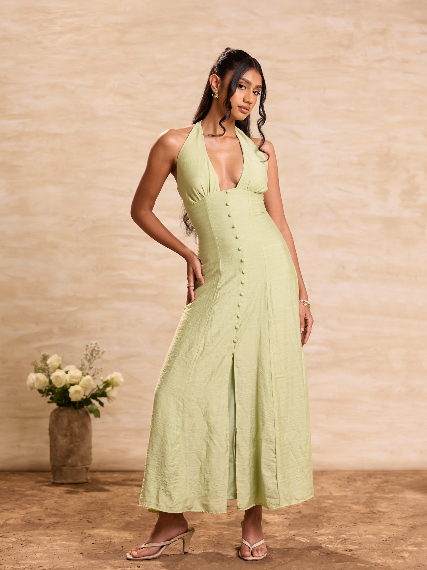 Halter Deep Neck Cover Button Detailed Maxi Dress