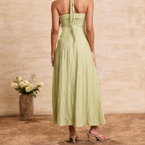 Halter Deep Neck Cover Button Detailed Maxi Dress
