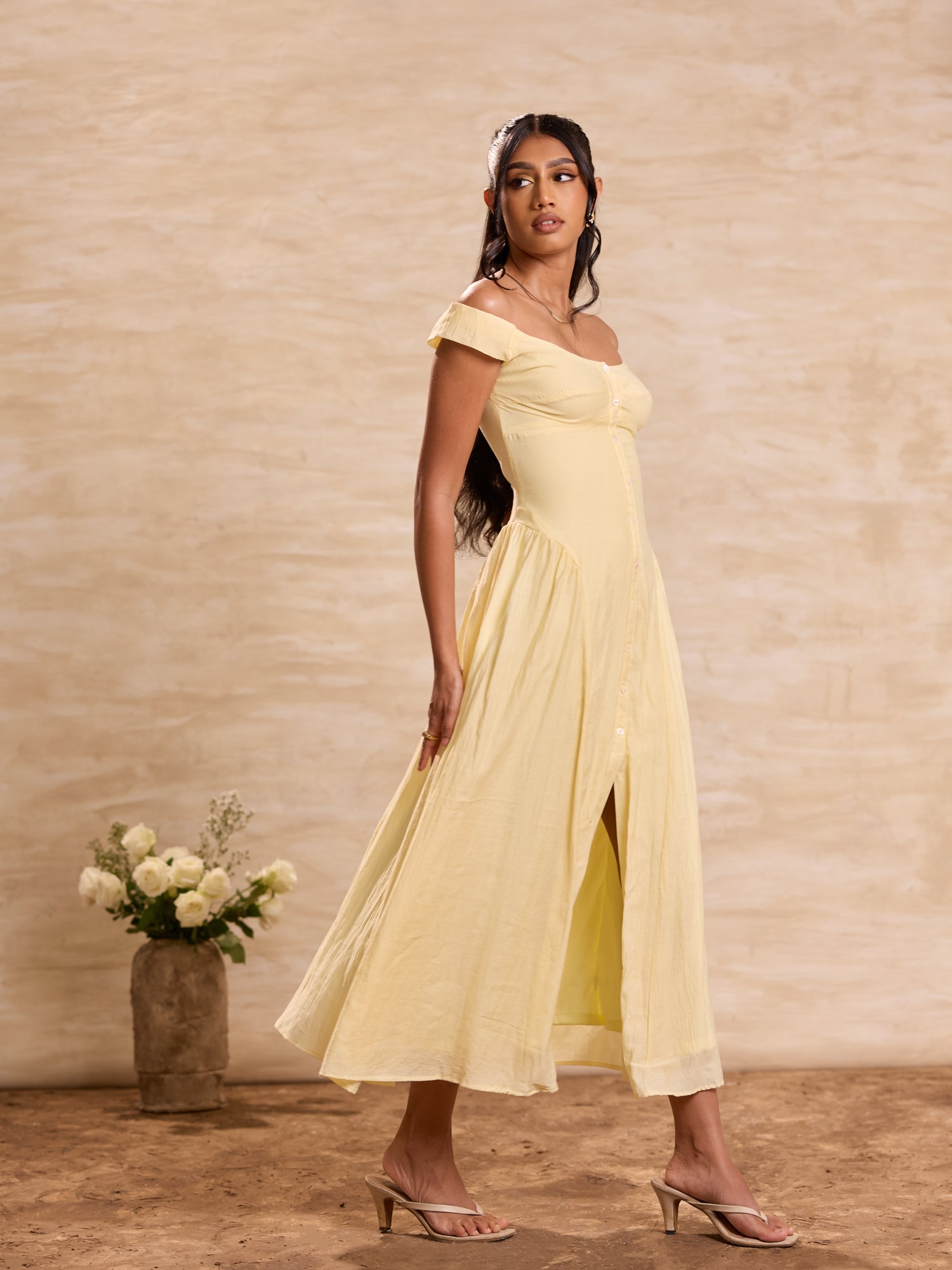 Off Shoulder Button Detailed Midi Dress