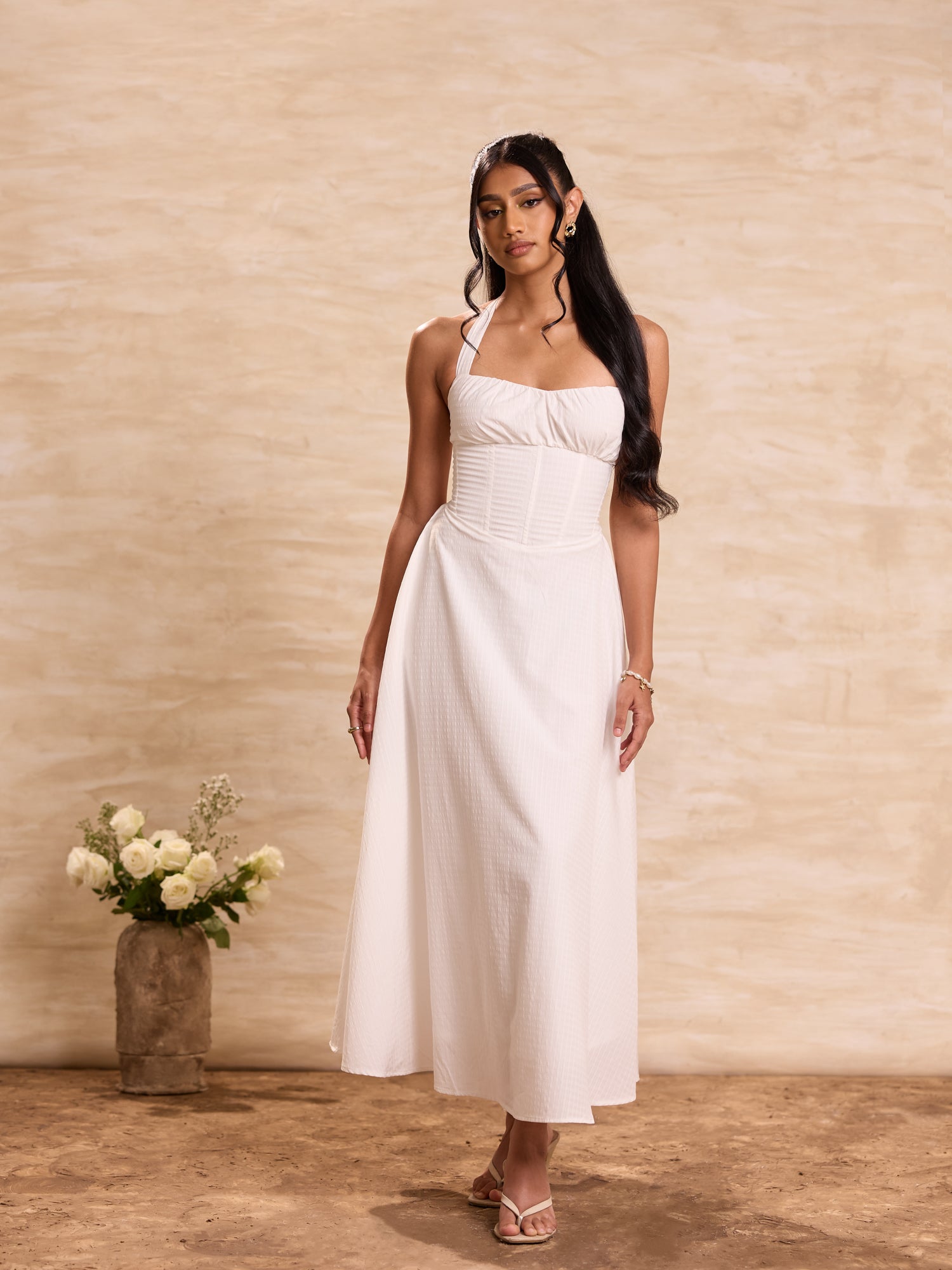 Back Neck Tie Up Bustier Gathering Maxi Dress