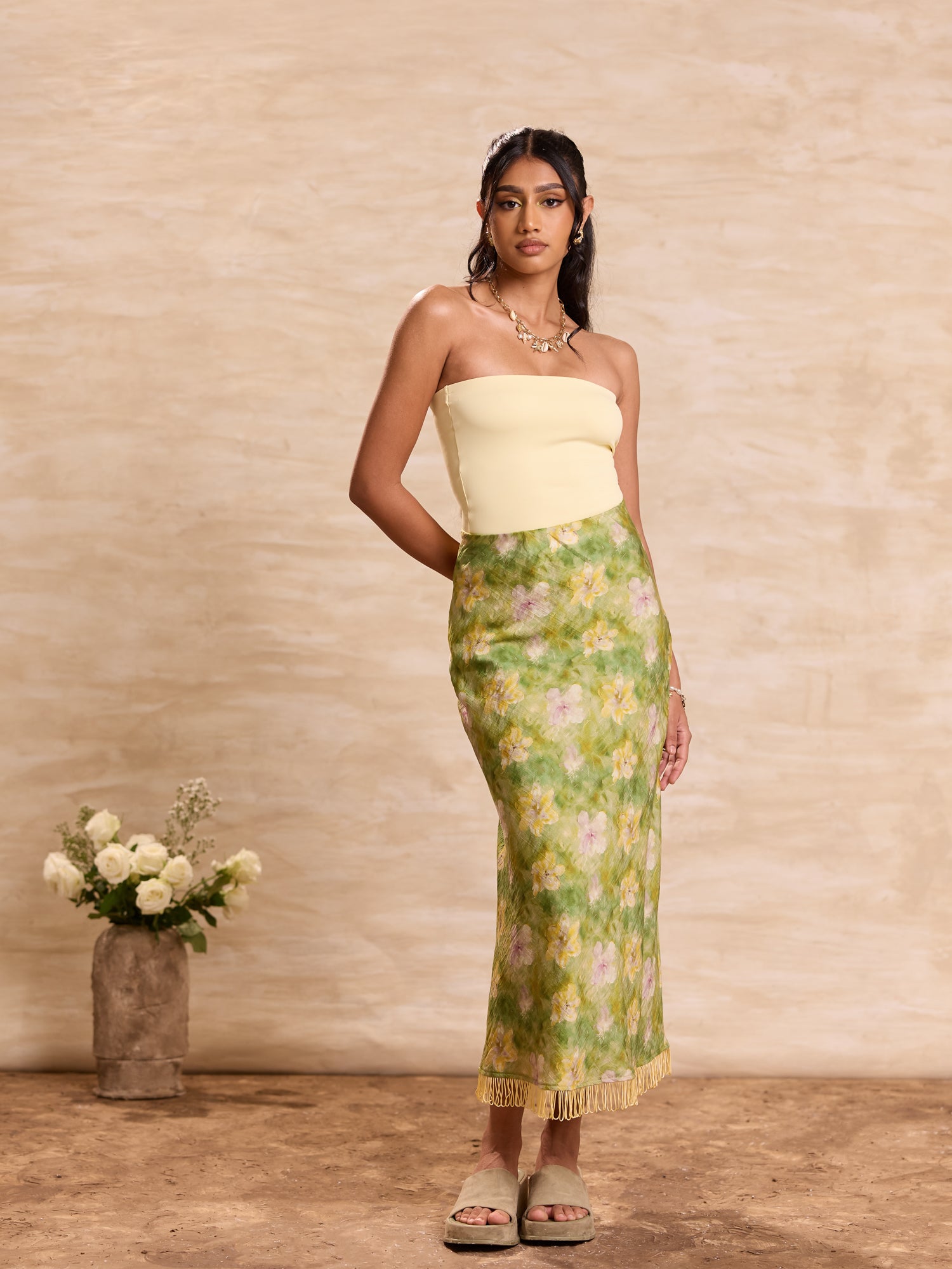 Fringe Detailed Printed Midi Skirt